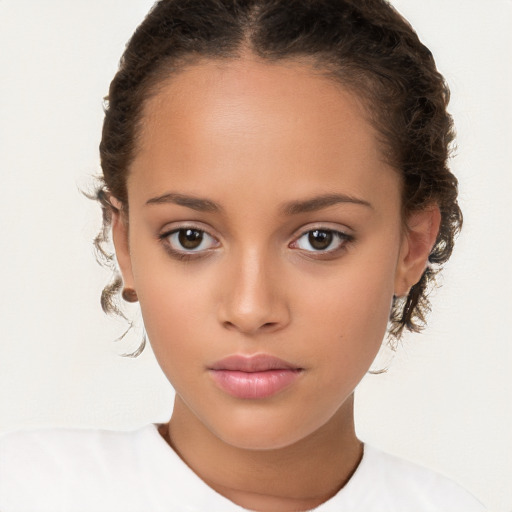 Joyful white child female with medium  brown hair and brown eyes