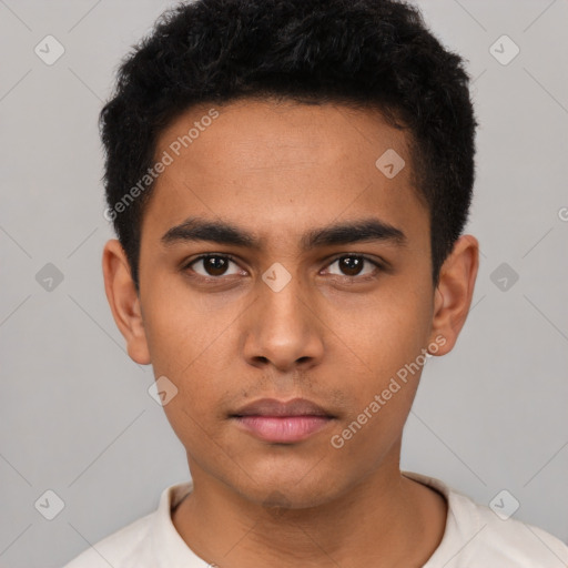 Neutral latino young-adult male with short  black hair and brown eyes