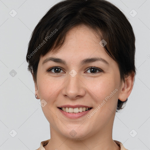 Joyful white young-adult female with short  brown hair and brown eyes