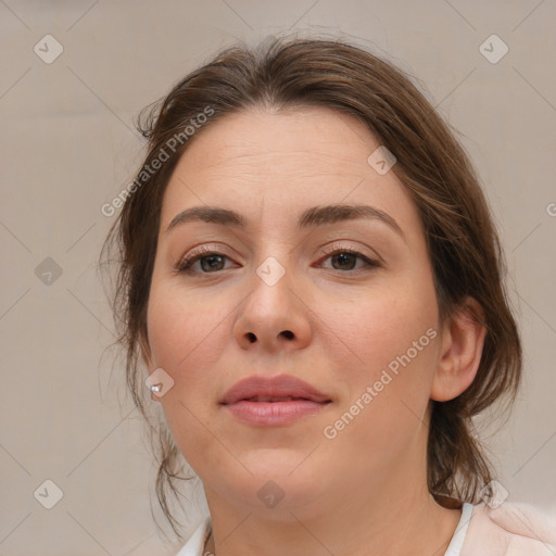 Neutral white young-adult female with medium  brown hair and brown eyes