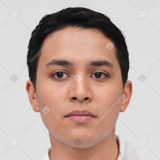 Neutral asian young-adult male with short  black hair and brown eyes