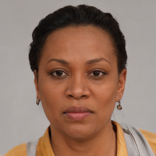 Neutral latino young-adult female with short  black hair and brown eyes