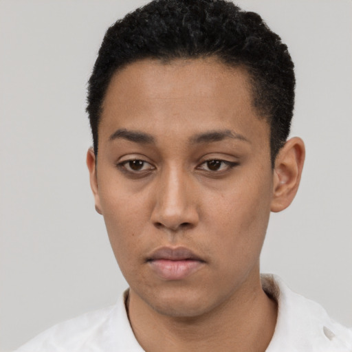 Neutral latino young-adult female with short  black hair and brown eyes