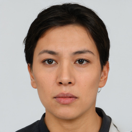 Neutral asian young-adult female with short  black hair and brown eyes