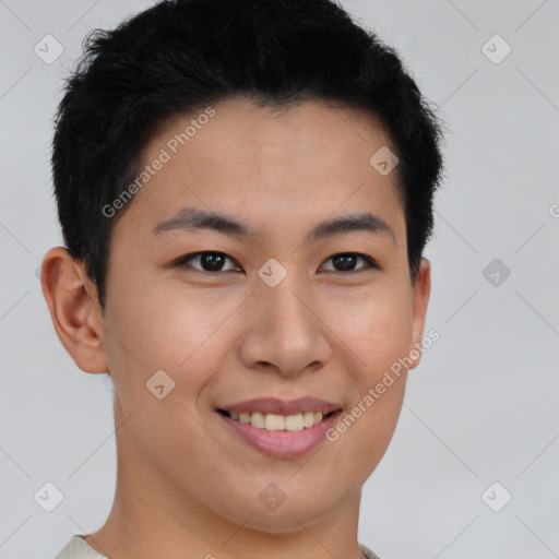 Joyful asian young-adult male with short  brown hair and brown eyes