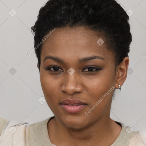 Neutral black young-adult female with short  black hair and brown eyes