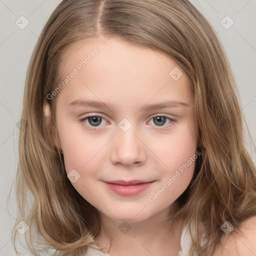 Joyful white child female with medium  brown hair and brown eyes