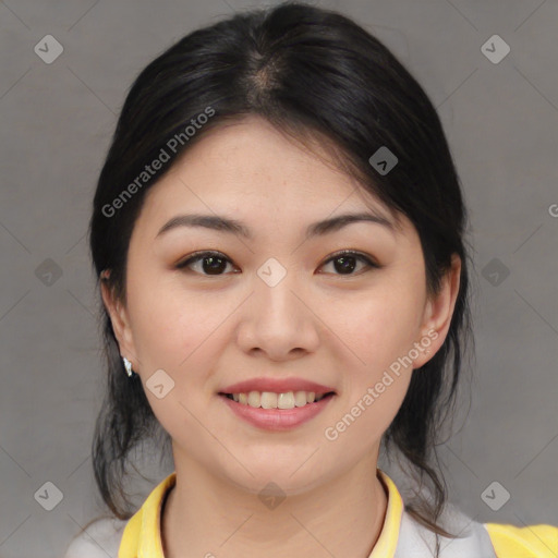 Joyful asian young-adult female with medium  brown hair and brown eyes