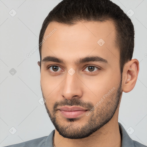 Neutral white young-adult male with short  brown hair and brown eyes