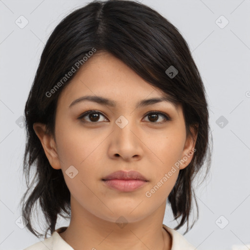 Neutral asian young-adult female with medium  brown hair and brown eyes