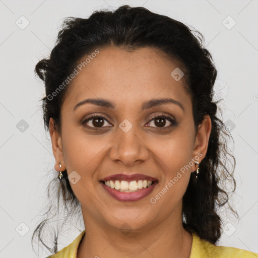 Joyful latino young-adult female with long  brown hair and brown eyes