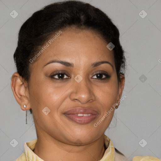 Joyful latino young-adult female with short  brown hair and brown eyes