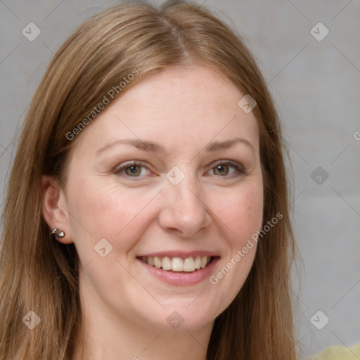 Joyful white young-adult female with long  brown hair and grey eyes