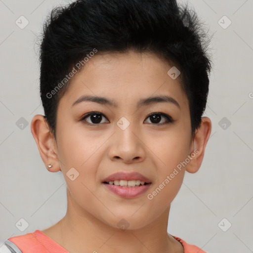 Joyful asian young-adult female with short  brown hair and brown eyes