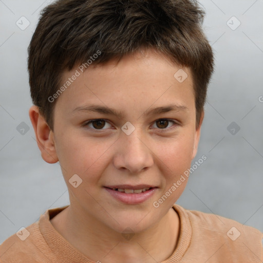 Joyful white child male with short  brown hair and brown eyes