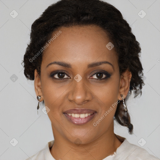 Joyful black young-adult female with short  brown hair and brown eyes