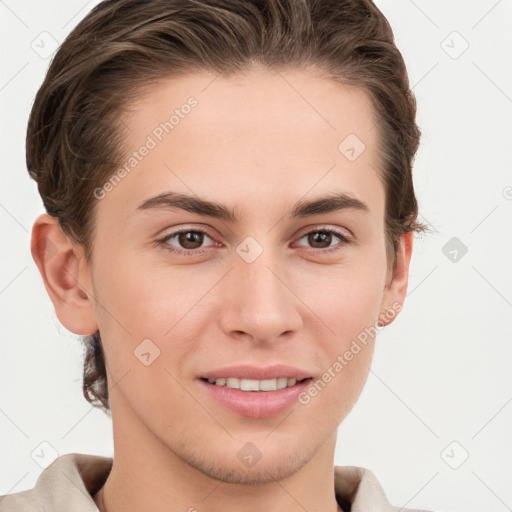 Joyful white young-adult female with short  brown hair and grey eyes