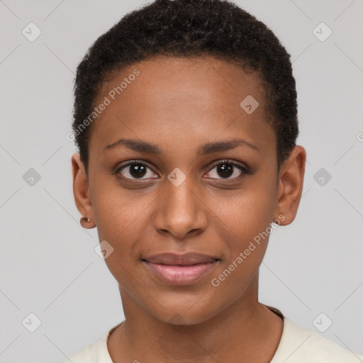 Joyful black young-adult female with short  brown hair and brown eyes