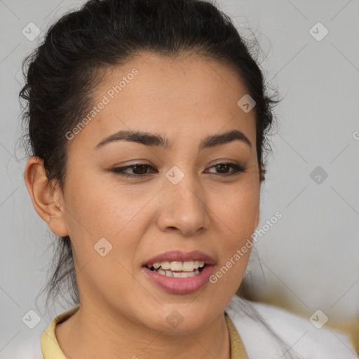 Joyful latino young-adult female with short  brown hair and brown eyes