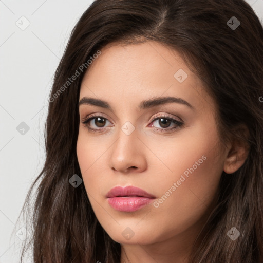 Neutral white young-adult female with long  brown hair and brown eyes