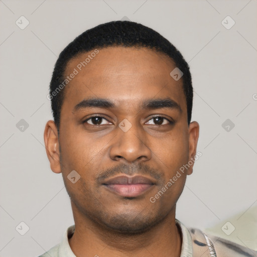Neutral black young-adult male with short  black hair and brown eyes