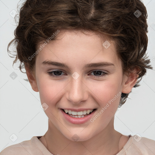 Joyful white child female with short  brown hair and brown eyes