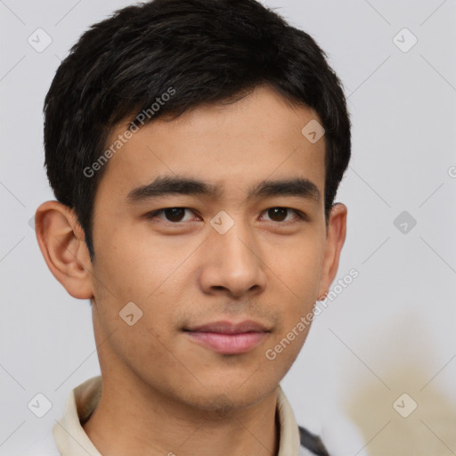 Neutral asian young-adult male with short  brown hair and brown eyes