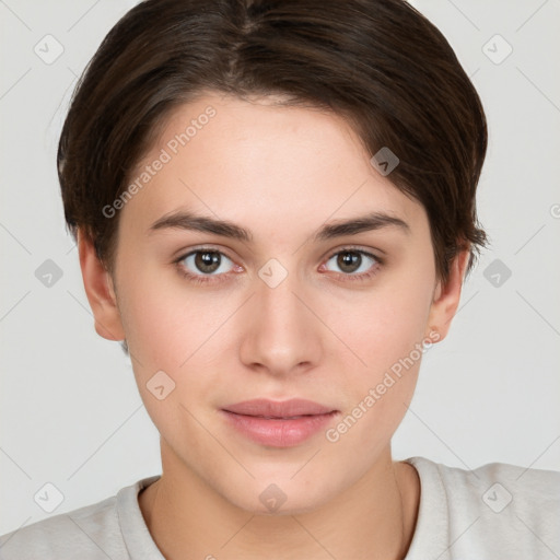 Neutral white young-adult female with short  brown hair and brown eyes