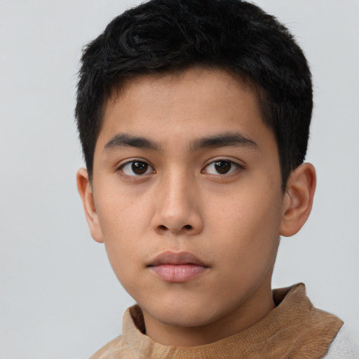 Neutral asian young-adult male with short  brown hair and brown eyes