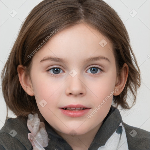 Joyful white child female with medium  brown hair and grey eyes