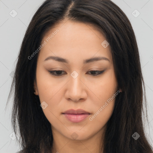 Neutral asian young-adult female with long  brown hair and brown eyes