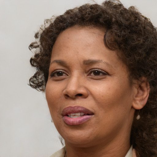 Joyful black young-adult female with medium  brown hair and brown eyes