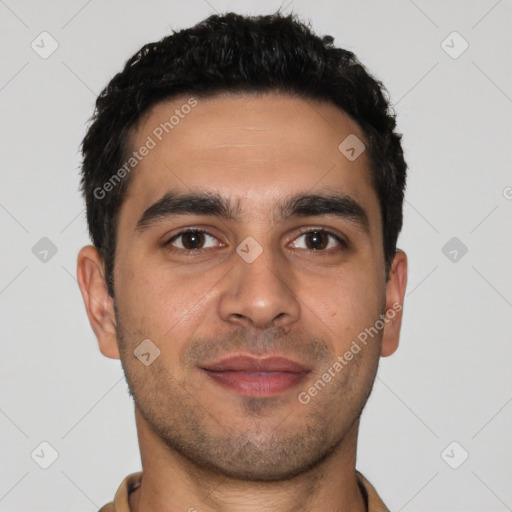 Joyful latino young-adult male with short  black hair and brown eyes