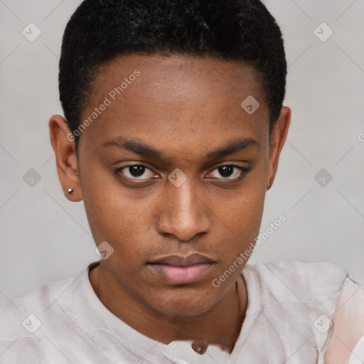 Neutral black young-adult female with short  brown hair and brown eyes
