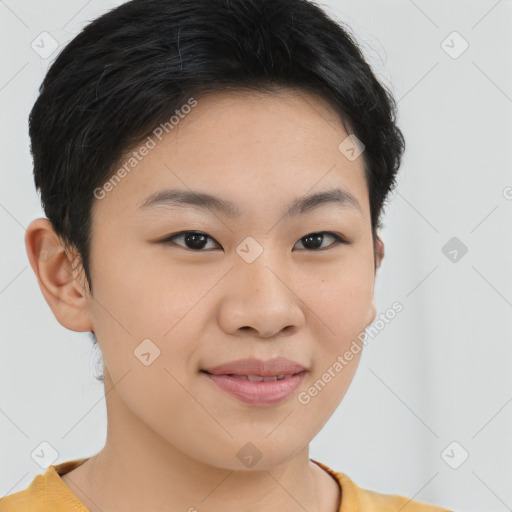Joyful asian young-adult female with short  brown hair and brown eyes