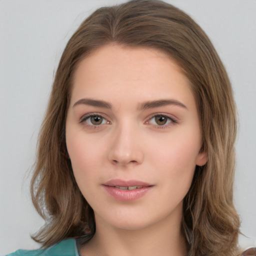 Neutral white young-adult female with medium  brown hair and brown eyes