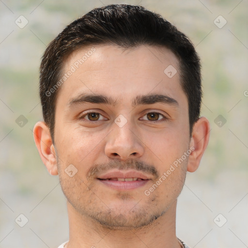 Joyful white young-adult male with short  brown hair and brown eyes