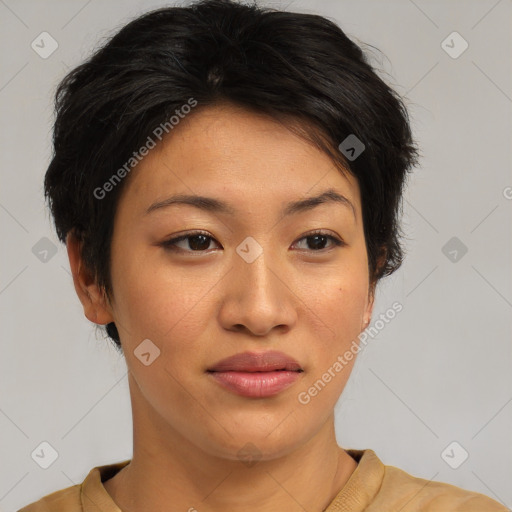 Joyful asian young-adult female with short  brown hair and brown eyes