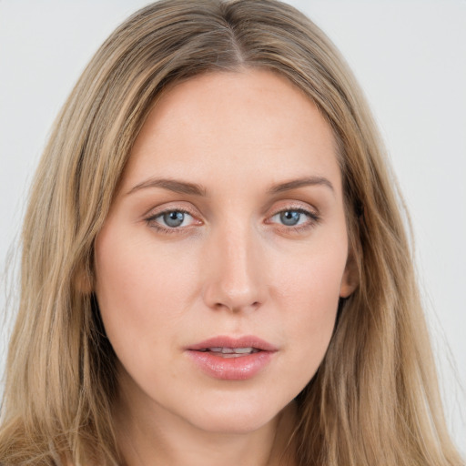 Neutral white young-adult female with long  brown hair and grey eyes