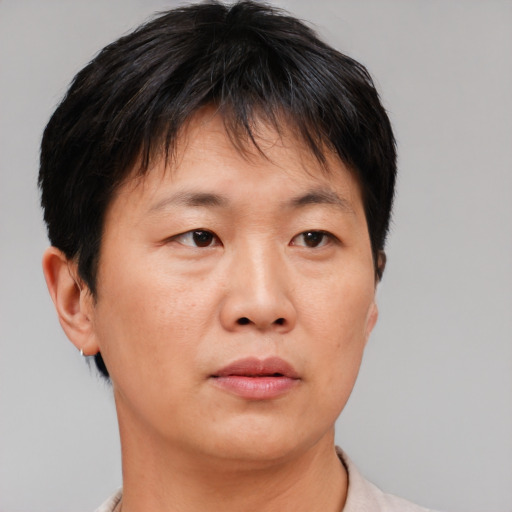 Neutral asian adult female with short  brown hair and brown eyes