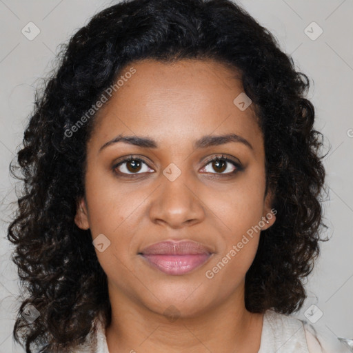 Joyful black young-adult female with medium  black hair and brown eyes