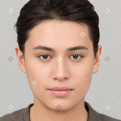 Neutral white young-adult male with short  brown hair and brown eyes