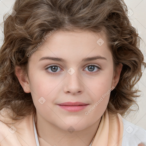 Joyful white child female with medium  brown hair and brown eyes