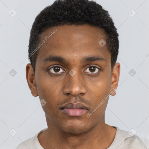 Neutral black young-adult male with short  black hair and brown eyes