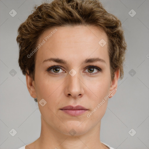 Neutral white young-adult female with short  brown hair and brown eyes