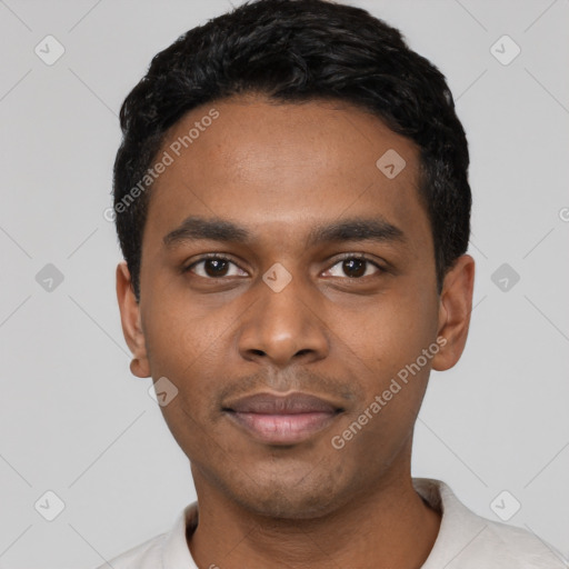 Neutral black young-adult male with short  black hair and brown eyes