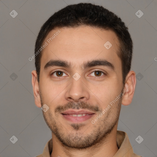 Joyful white young-adult male with short  brown hair and brown eyes