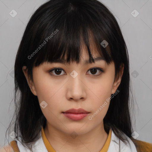 Neutral asian young-adult female with medium  brown hair and brown eyes