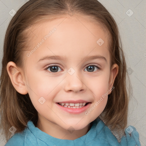 Joyful white child female with medium  brown hair and blue eyes