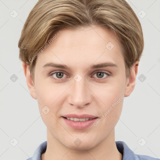 Joyful white young-adult female with short  brown hair and grey eyes